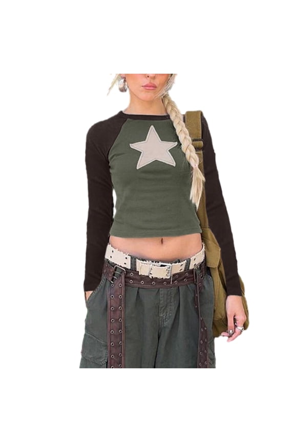 Women Fashion T-shirt Long Sleeve Crew Neck Star Patchwork Slim Fit Crop Tops Streetwear