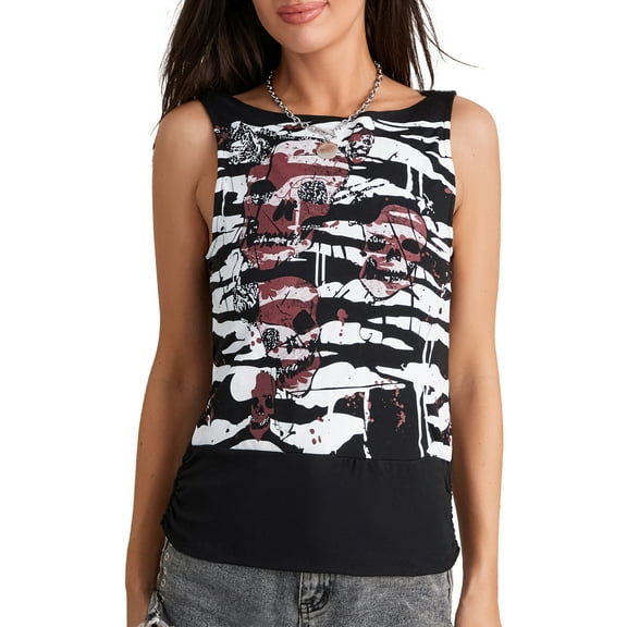 Musuos Women Fashion Tank Tops Dark Style Skull Print Sleeveless Slim Fit Vests