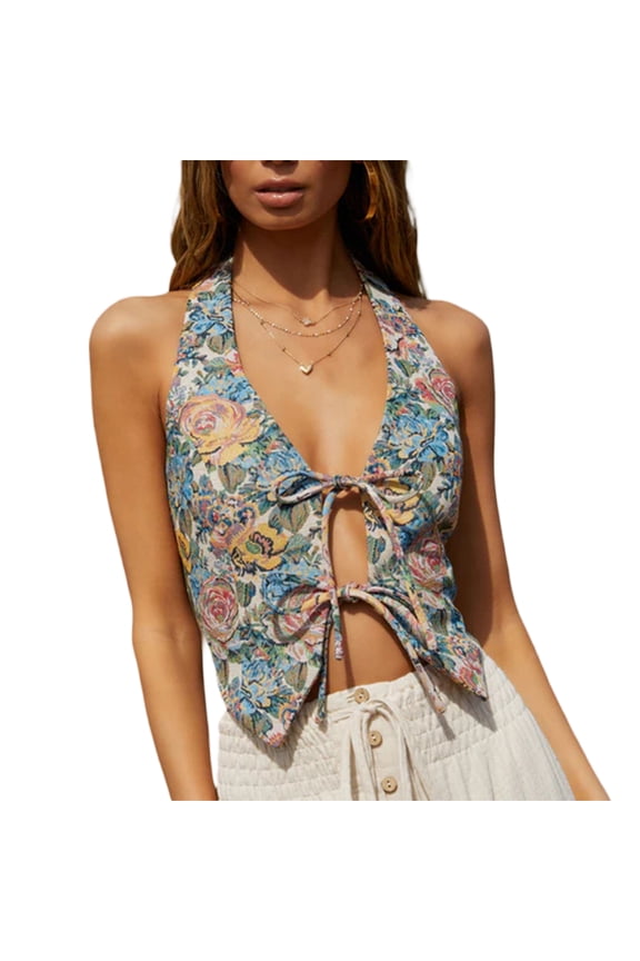 Women Fashion Tie Front Halter Tops Retro Floral Print Backless Shirts Summer Vest for Streetwear Aesthetic Clothes