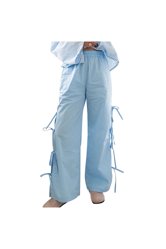 Women Fashion Tie-up Pants, Elastic Waist Slit Plaid Loose Trousers Streetwear for Daily Casual