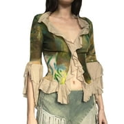 Musuos Women Flare Long Sleeve T-Shirts Retro Palace Style Print Ruffles V-Neck Shirts Spring Fall Slim Fit Tops Streetwear