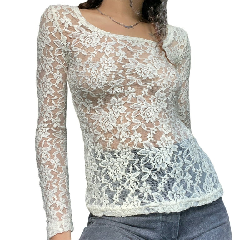 Musuos Women Floral Lace T-shirt, Adults See-through Round Neck