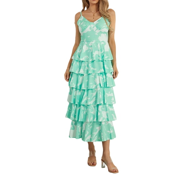 Musuos Women Floral Print Long Dress V-Neck Tiered Ruffles Sleeveless Cami Dress Summer Casual Beach Party Dress