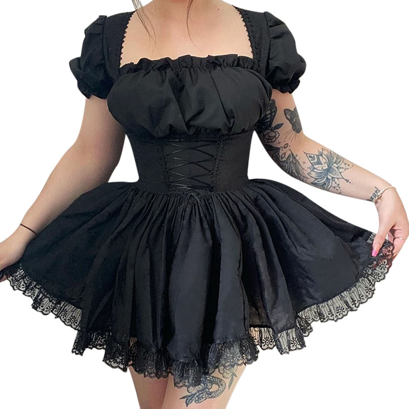 Musuos Women Gothic Lolita Dresses Black Vintage Grunge