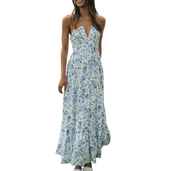 Musuos Women Halterneck Long Dress, Elegant Sleeveless Deep V-neck Tie-up Floral Dress Summer Swing Dress