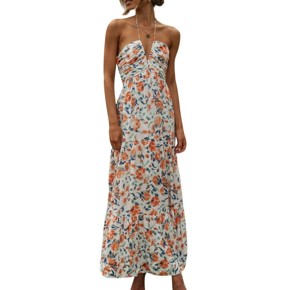 Musuos Women Halterneck Long Dress, Elegant Sleeveless Deep V-neck Tie-up Floral Dress Summer Swing Dress