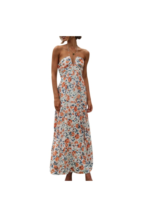 Women Halterneck Long Dress, Elegant Sleeveless Deep V-neck Tie-up Floral Dress Summer Swing Dress