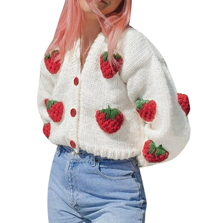 Musuos Women's Long Sleeve Handmade 3D Strawberry Chunky Musuos Women's Long Sleeve Handmade 3D Strawberry Chunky