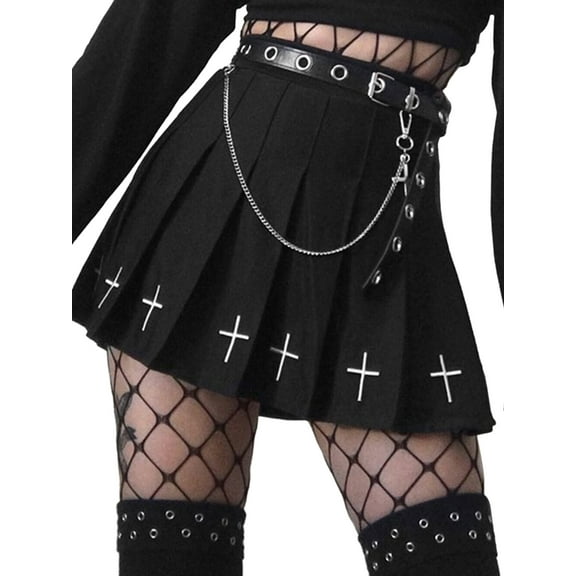 Musuos Women High Waist Gothic Punk Mini Skirts, Cross Pattern Mini Pleated Skirt