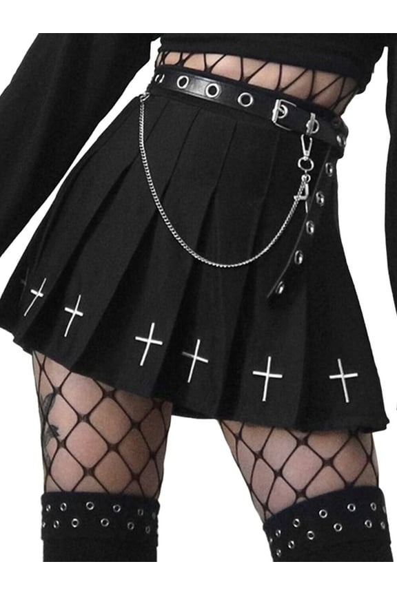 Women High Waist Gothic Punk Mini Skirts, Cross Pattern Mini Pleated Skirt