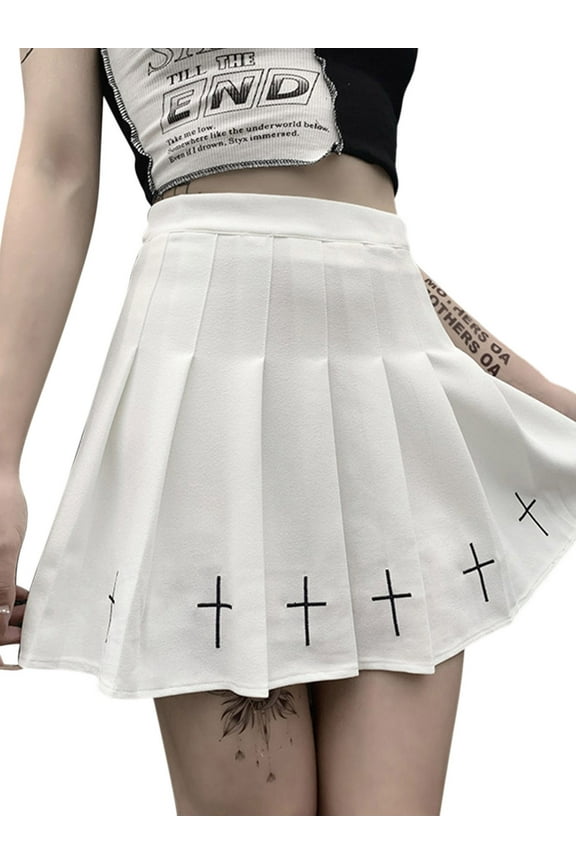 Women High Waist Gothic Punk Mini Skirts, Cross Pattern Mini Pleated Skirt