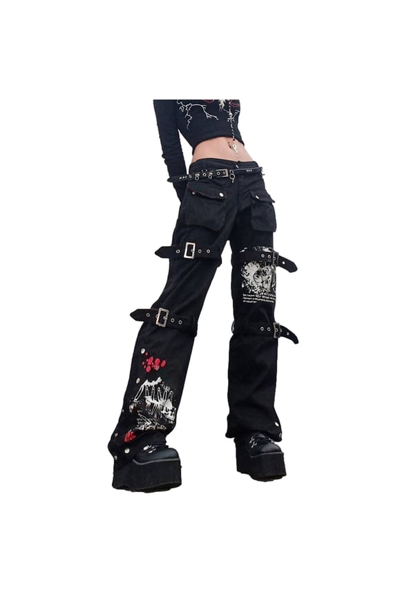 Women High Waist Jeans with Metal Buckle Belt, Lengthened Style Street Dark Spring Clothing