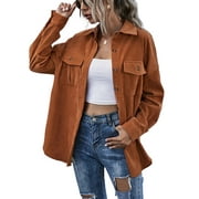 Musuos Women Juniors Shacket Corduroy Shirt Jacket, Solid Color Lapel Outerwear with Pockets