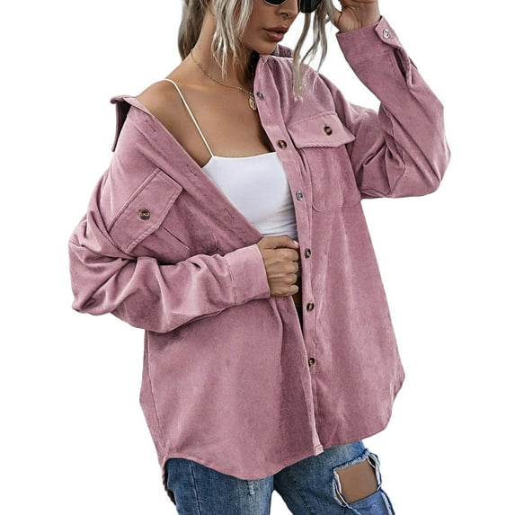 Musuos Women Juniors Shacket Corduroy Shirt Jacket, Solid Color Lapel Outerwear with Pockets