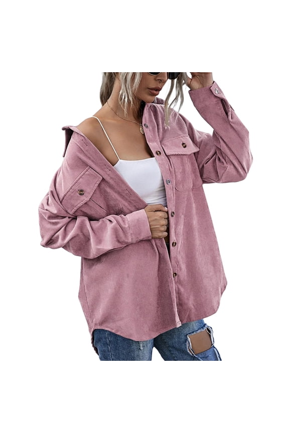Women Juniors Shacket Corduroy Shirt Jacket, Solid Color Lapel Outerwear with Pockets