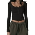 thumbnail image 1 of Musuos Women Knitted Henley Shirt Casual Solid Color Retro 1/2 Button Long Sleeve Crop Tops Streetwear Clubwear, 1 of 3