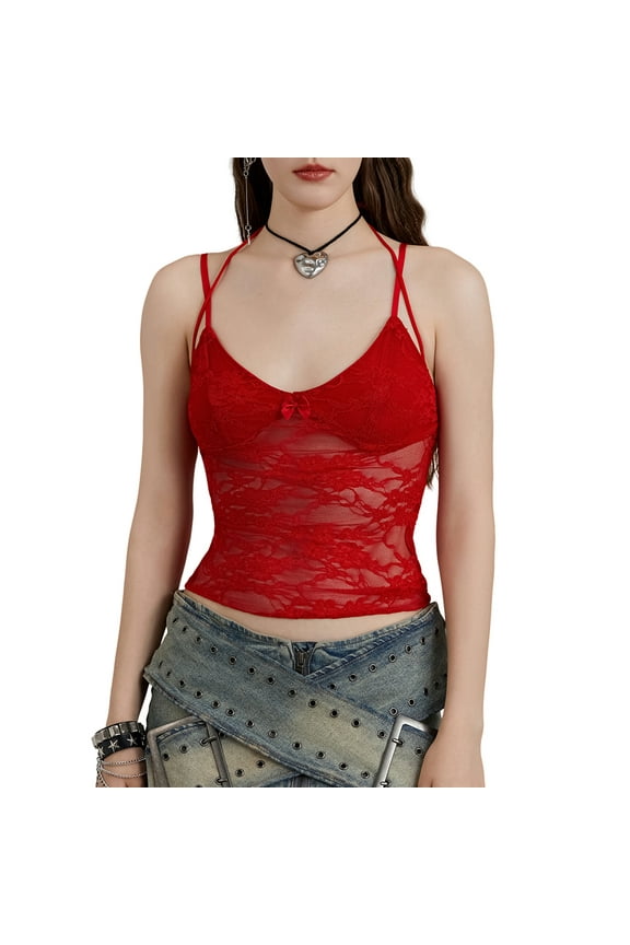 Women Lace Camisole, Spaghetti Straps Lacing Halterneck Backless See-through Summer Crop Tops