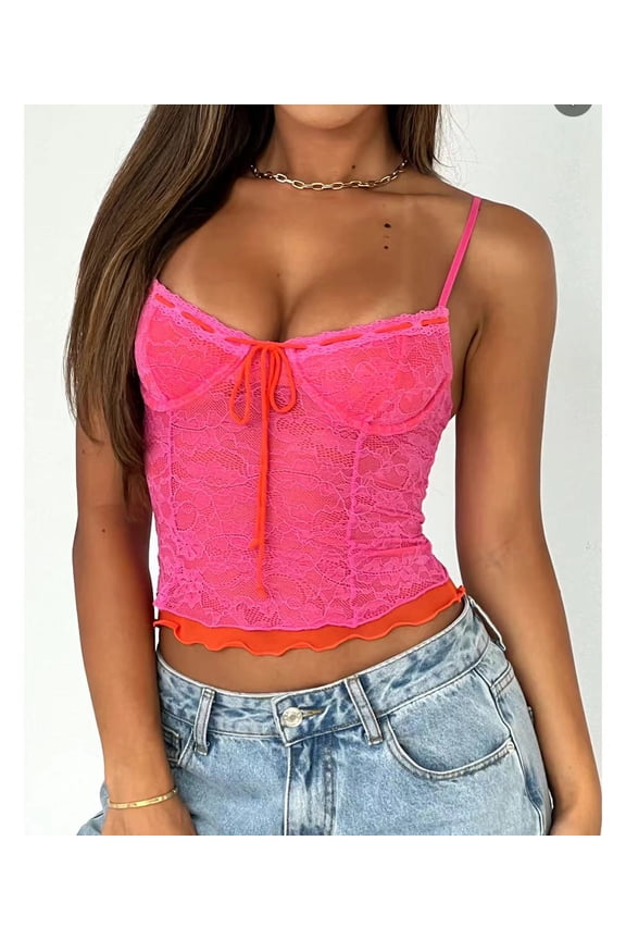 Women Lace Camisole, Spaghetti Straps Tie-up Patchwork Slim Fit Summer Crop Tops Clubwear