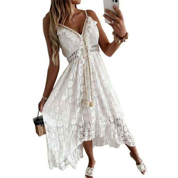 Musuos Women Lace Hem Dress, Summer Deep V-neck Sleeveless Beachwear Long Dress, Beige/ White