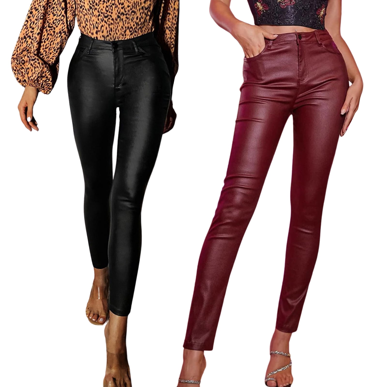 Musuos Women Leather Pants, High Waist Wrapped Slimming Side