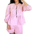 thumbnail image 1 of Musuos Women Leisure Shorts Set, 3/4 Sleeve Striped Tie-up T-shirt with Elastic Waist Shorts Casual Summer Outfit, 1 of 7