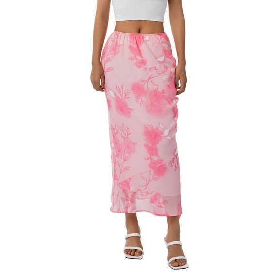 Musuos Women Lined Long Skirt, Low Waist Floral Print Pink Straight Skirt Streetwear