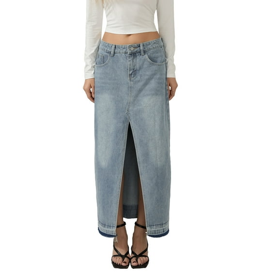 Musuos Women Long Denim Skirt Casual Elastic Split Skirt for Streetwear, Bule