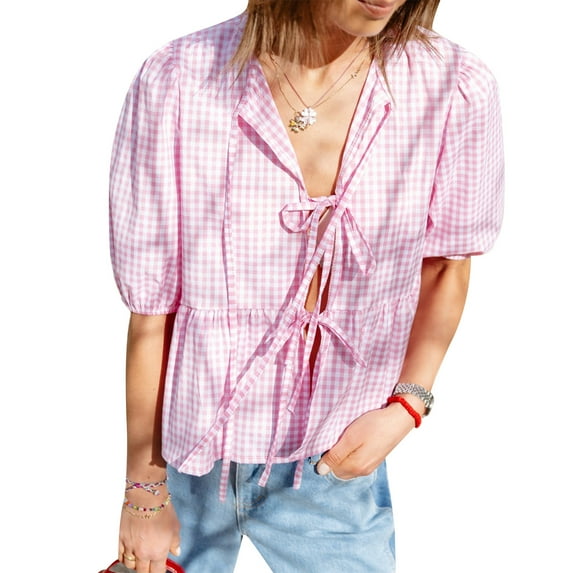 Musuos Women Loose Blouse, Short Sleeve Tie-up Plaid Elegant Summer T-shirt Streetwear for Casual Daily