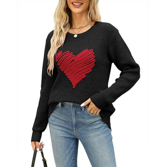 Musuos Women Loose Knit Sweater Heart Embroidery Long Sleeve Crew Neck Pullovers Fall Winter Jumpers Valentine's Day Sweater