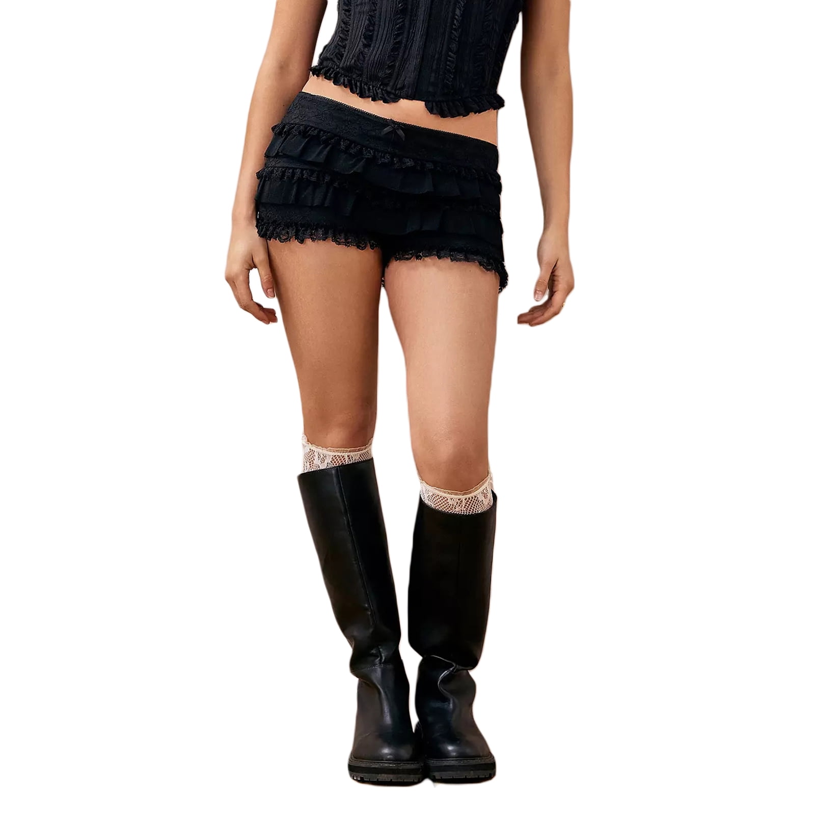 Women Low Waist Mini Shorts Casual Summer Lace Layered Ruffle Bloomers Short Pants for Vacation Beach Nightclub Streetwear