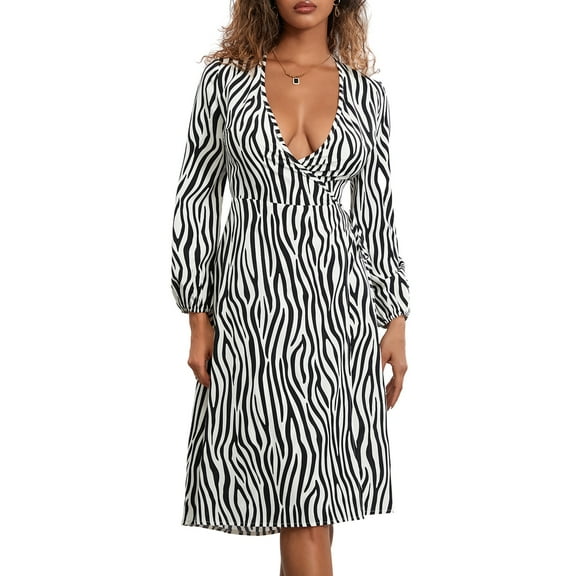 Musuos Women Midi A-line Dress, Long Sleeve Deep V-neck Tie-up Zebra Stripes Print Fall Casual Dress streetwear