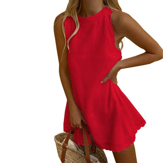 Musuos Women Mini Dress Crew Neck Sleeveless Solid Loose A-line Dress Streetwear for Club Party