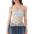 thumbnail image 1 of Musuos Women Mini Tube Tops Sleeveless Floral Print Lace Mesh Sheer Boat Neck Strapless Tops Summer Backless Bandeau Shirts, 1 of 9