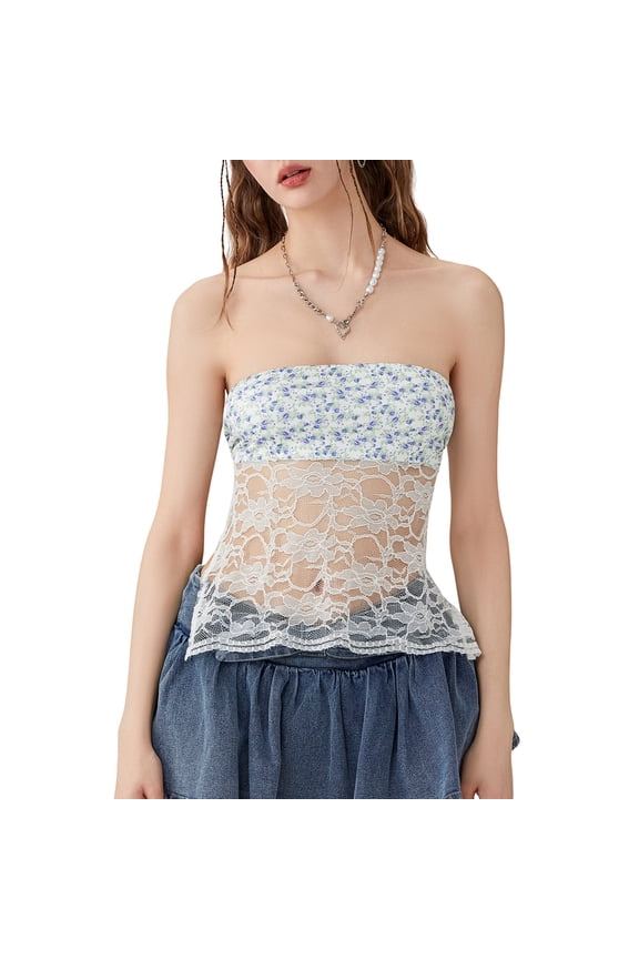 Women Mini Tube Tops Sleeveless Floral Print Lace Mesh Sheer Boat Neck Strapless Tops Summer Backless Bandeau Shirts