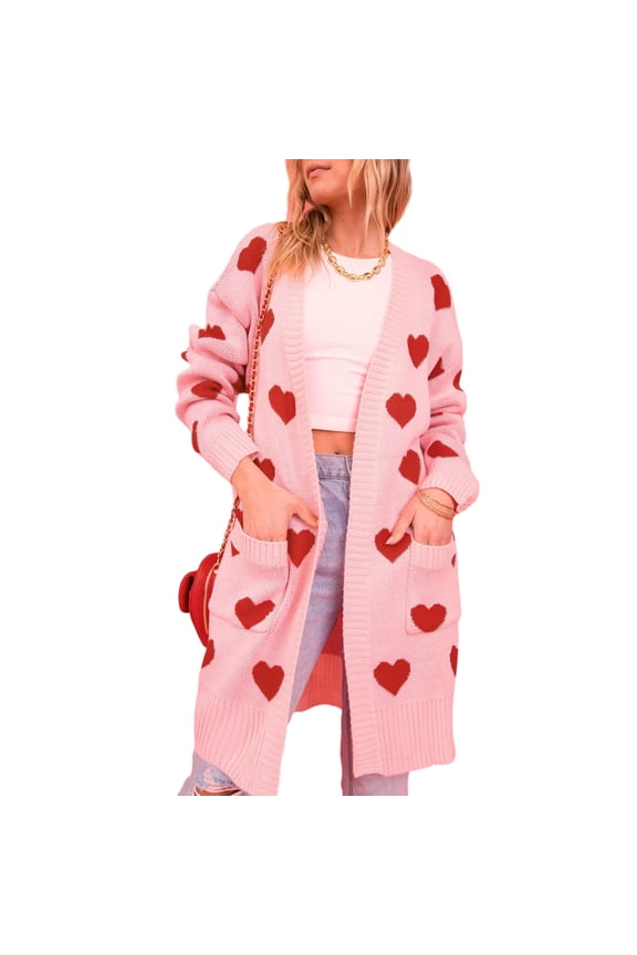 Women Open Front Duster Sweaters Heart Print Knitted Fall Cardigans with Pockets