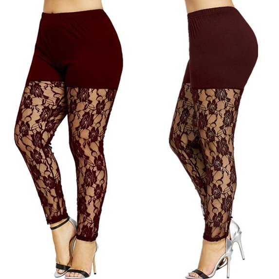 Musuos Women Plus Size Leggings, Solid Color Skinny Long Pants, Sheer Floral Lace Splice Trousers