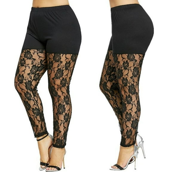 Musuos Women Plus Size Leggings, Solid Color Skinny Long Pants, Sheer Floral Lace Splice Trousers
