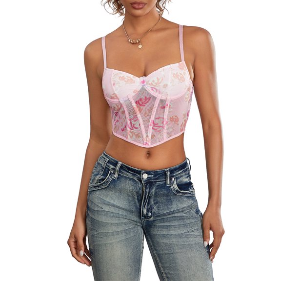 Musuos Women Print Sheer Mesh Camisoles Fishbone Underwire Sleeveless Backless Tank Tops Crop Corset Tops Streetwear