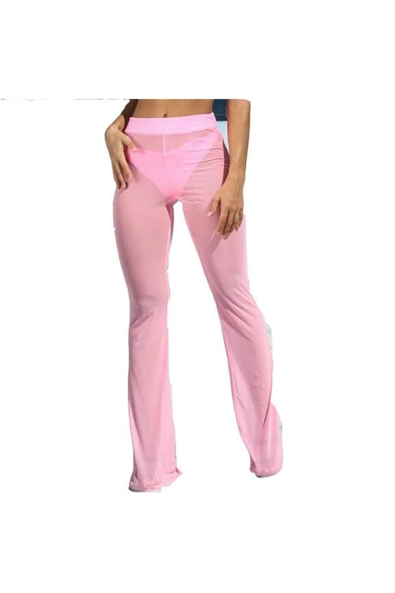 Women See-through Long Pants, Bikini Cover Up Mesh Ruffle Bottoms, Sheer Long Trousers, Beachwear Swimwear Swimsuit