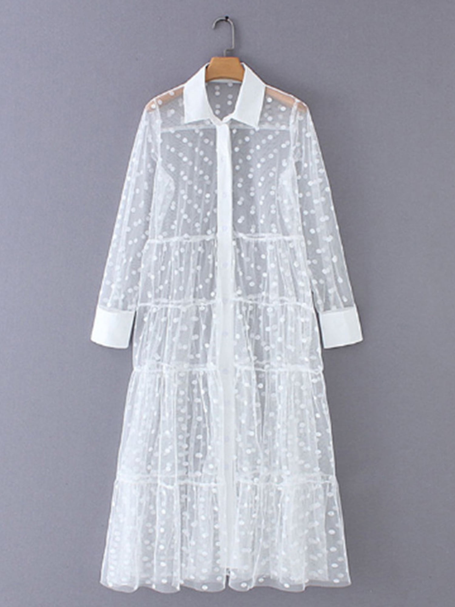 Musuos Women Seethrough Mesh Dress Long Sleeve Polka Dot Lapel