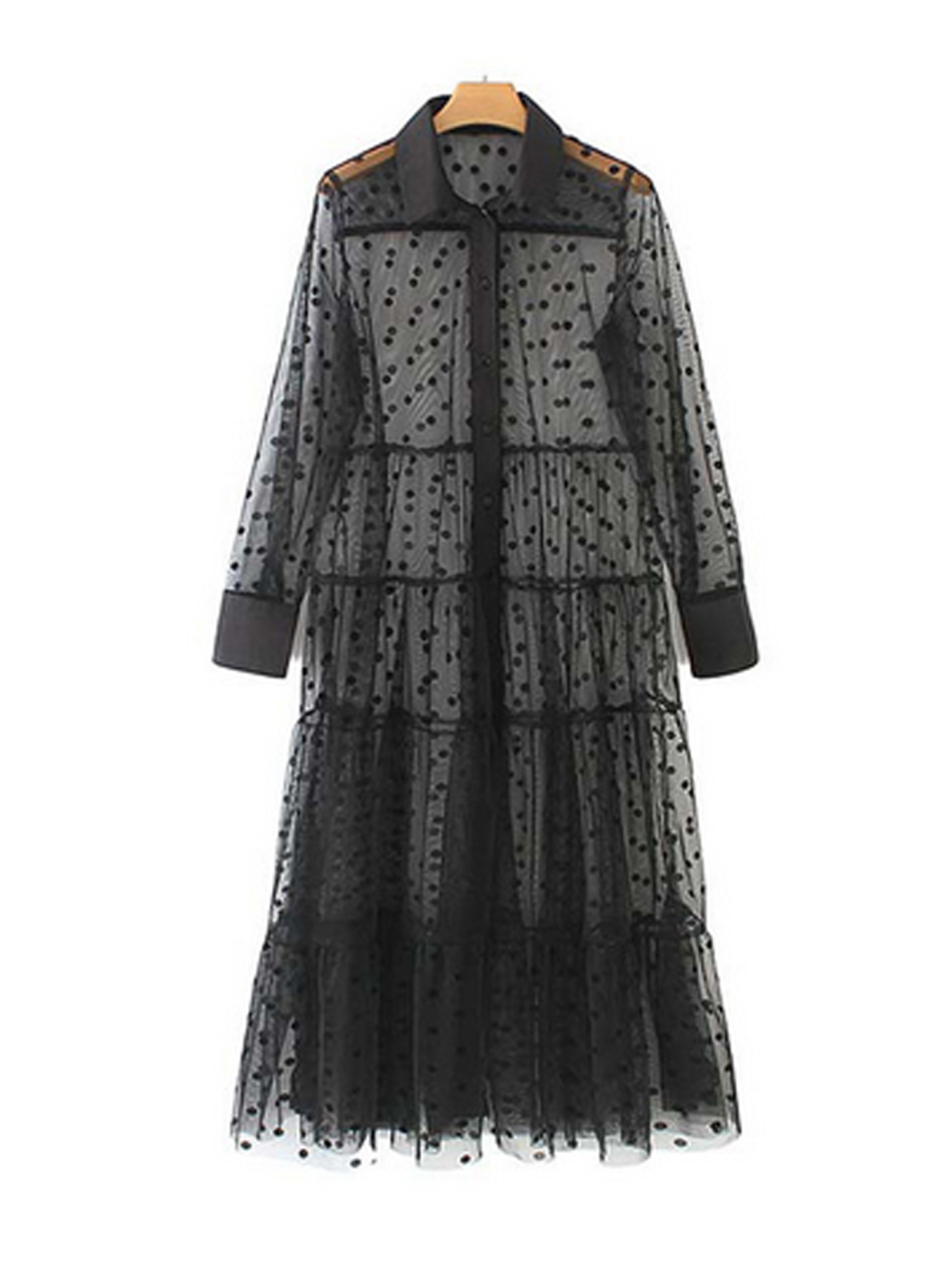 Musuos Women Seethrough Mesh Dress Long Sleeve Polka Dot Lapel