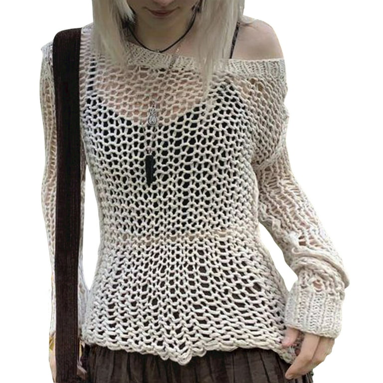 Musuos Women Sexy Knitting Cover Ups T-shirts Top Hollow Out Crochet Mesh  Pullover See Through Fishnet T-Shirt Vintage Streetwear