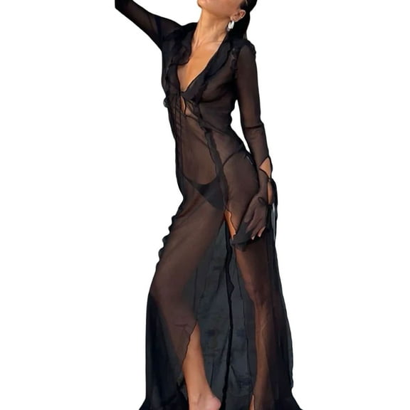 Musuos Women Sexy Long Sleeve Patchwork See-through Slit Dress for Party Beach