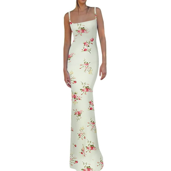 Musuos Women Sexy Vintage Satin Maxi Dress Chic Tube Backless Spaghetti Strap Bodycon Long Dress Floral Printed Sundress