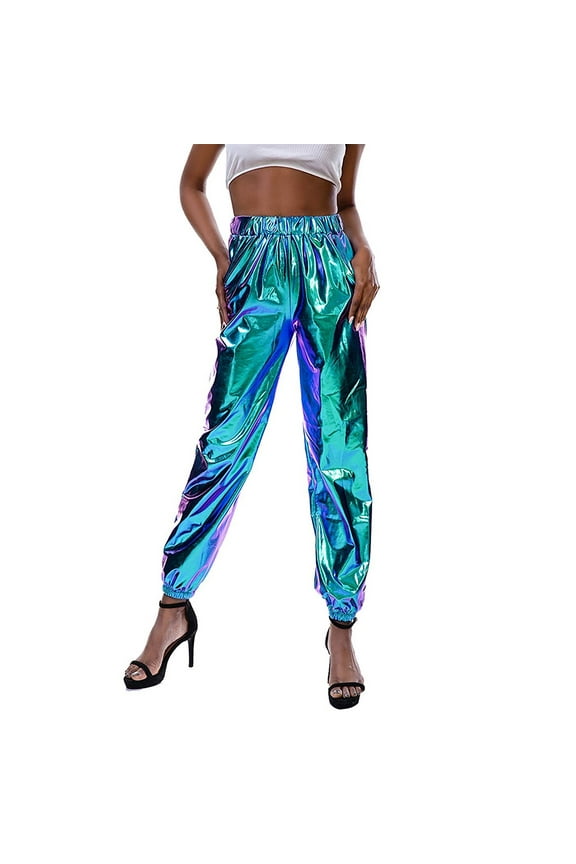 Women Shiny Metallic Jogger Pants, High Waist Stretchy Holographic Color Hip Hop Trousers