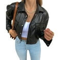 thumbnail image 1 of Musuos Women Short Leather Jacket Black Long Sleeve Button Open Lapel Jacket, 1 of 5