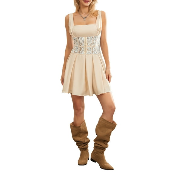 Musuos Women Sleeveless Corset Dress Elgant Summer Sheer Lace Patchwork Pleated Party Mini Dress for Cocktail