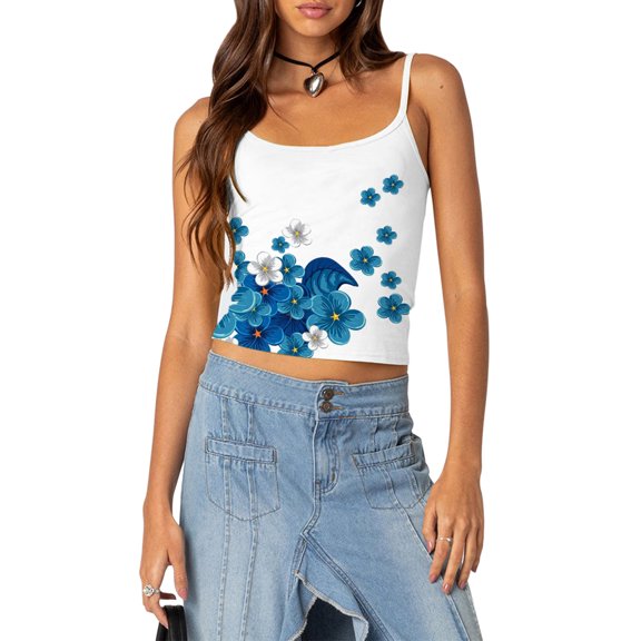 Musuos Women Slim Fit Crop Camisoles Floral Print Spaghetti Strap Backless Tank Tops Summer Vests Streetwear