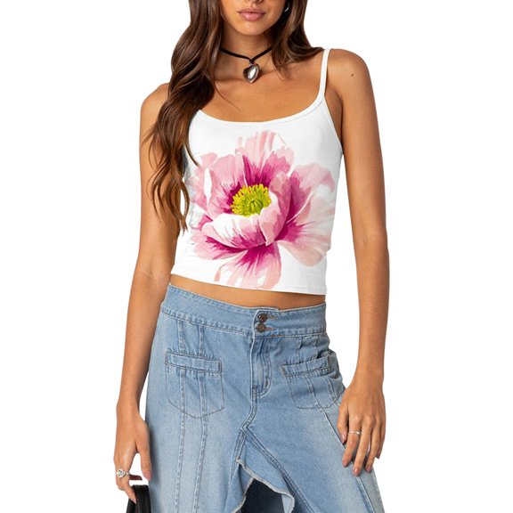 Musuos Women Slim Fit Crop Camisoles Floral Print Spaghetti Strap Backless Tank Tops Summer Vests Streetwear