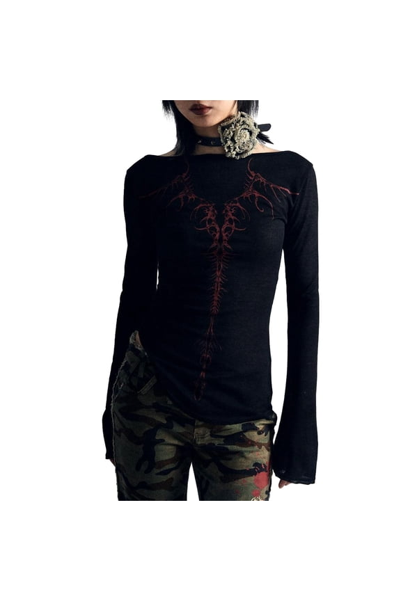 Women Slim Fit Gothic T-Shirts Fashion Print Long Sleeve Shirts Spring Fall Tops Streetwear